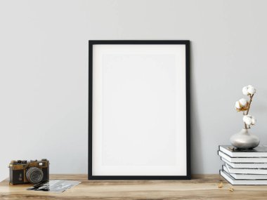 Oturma odasının içindeki posterleri taklit et. İç İskandinav tarzı. 3d görüntüleme, 3d illüstrasyon