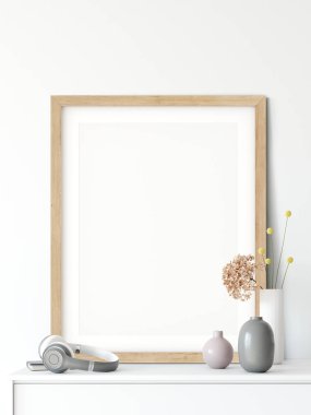 Oturma odasının içindeki posterleri taklit et. İç İskandinav tarzı. 3d görüntüleme, 3d illüstrasyon