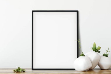 Oturma odasının içindeki posterleri taklit et. İç İskandinav tarzı. 3d görüntüleme, 3d illüstrasyon