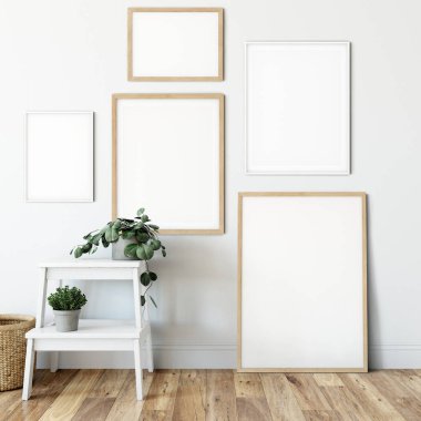 Oturma odasının içindeki posterleri taklit et. İç İskandinav tarzı. 3d görüntüleme, 3d illüstrasyon