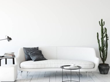 Oturma odası iç. Duvar mockup. Duvar sanatı. 3D render, 3d çizim.