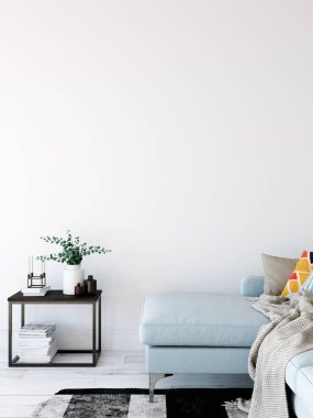 Oturma odası iç. Duvar mockup. Duvar sanatı. 3D render, 3d çizim.