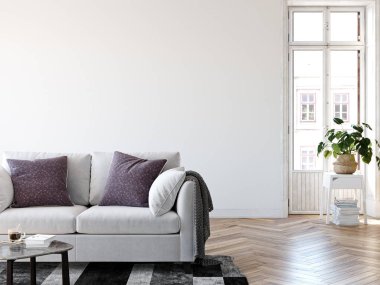 Oturma odası iç. Duvar mockup. Duvar sanatı. 3D render, 3d çizim.