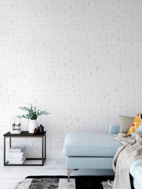 Oturma odası iç. Duvar mockup. Duvar sanatı. 3D render, 3d çizim.