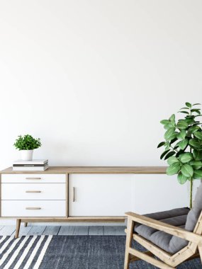 Oturma odası iç. Duvar mockup. Duvar sanatı. 3D render, 3d çizim.