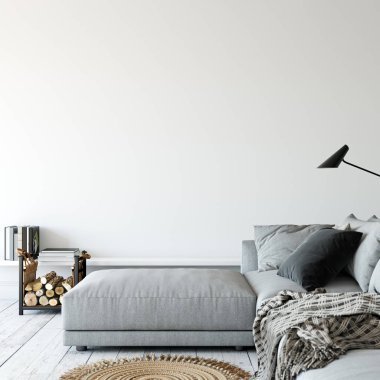 Oturma odası iç. Duvar mockup. Duvar sanatı. 3D render, 3d çizim.