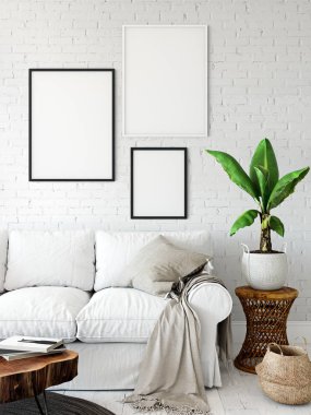 Çerçeve modeli. Oturma odası iç duvar modeli. Duvar sanatı 3d görüntüleme, 3d illüstrasyon.