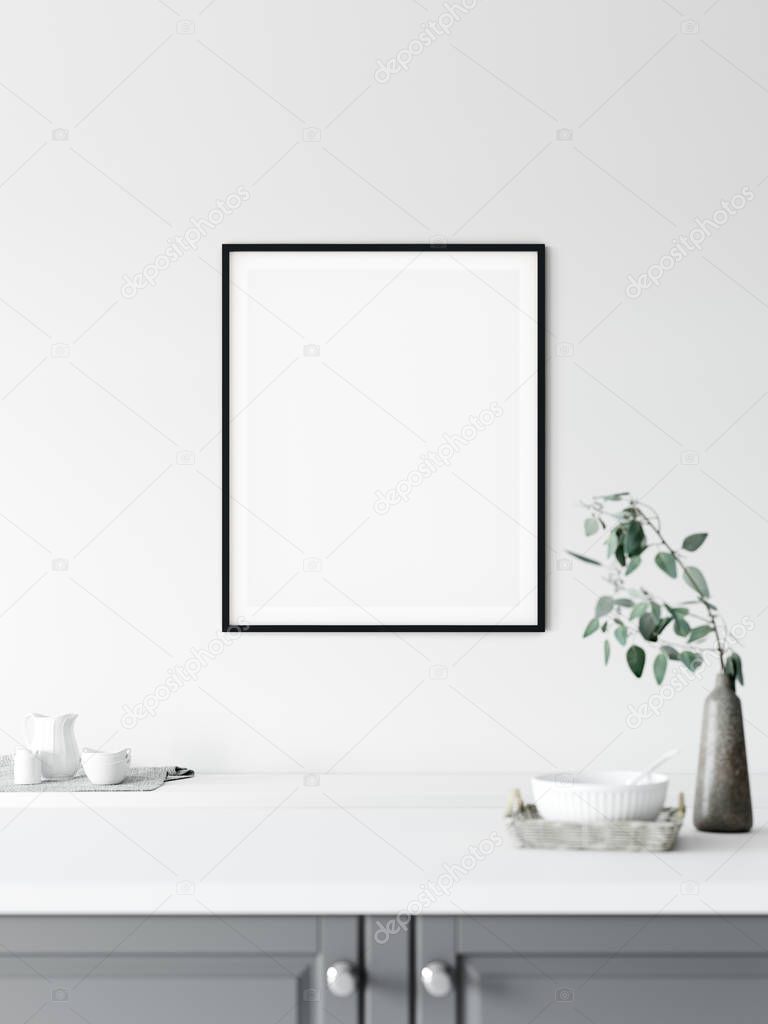 Frame mockup. Kitchen interior wall mockup. Wall art. 3d rendering, 3d illustration.