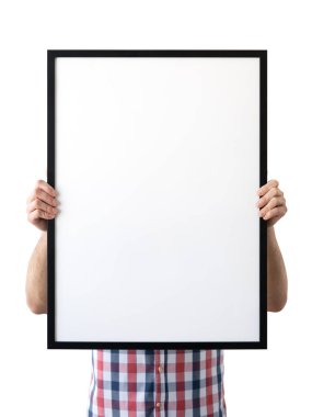 Çerçeve mockup tutarak. Fotoğraf Mockup. Adam tutun çerçeve. Çerçeveleri ve poster tasarımı için. Çerçeve boyutu 20 x 28 (50x70cm).