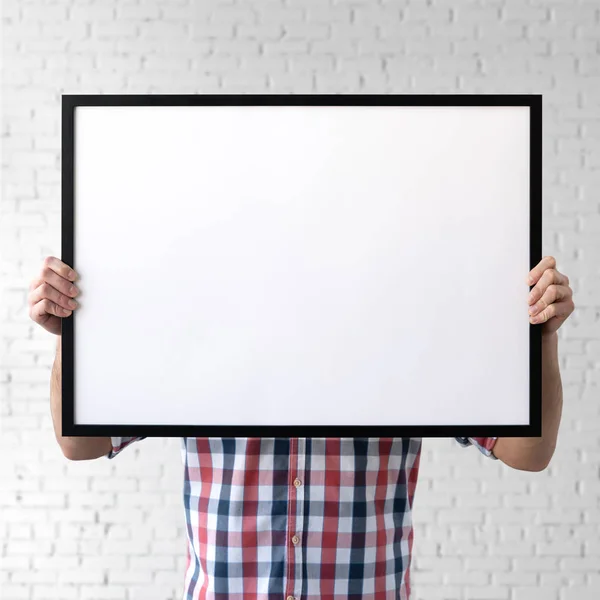 Holding Frame Mockup Foto Mockup Man Greep Frame Voor Het — Stockfoto