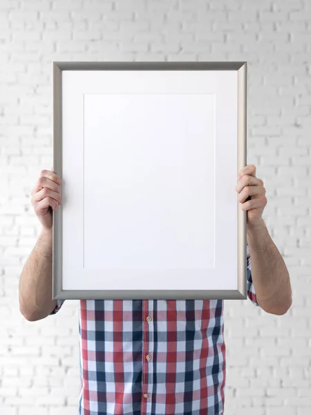 Holding Frame Mockup Foto Mockup Man Greep Frame Voor Het — Stockfoto