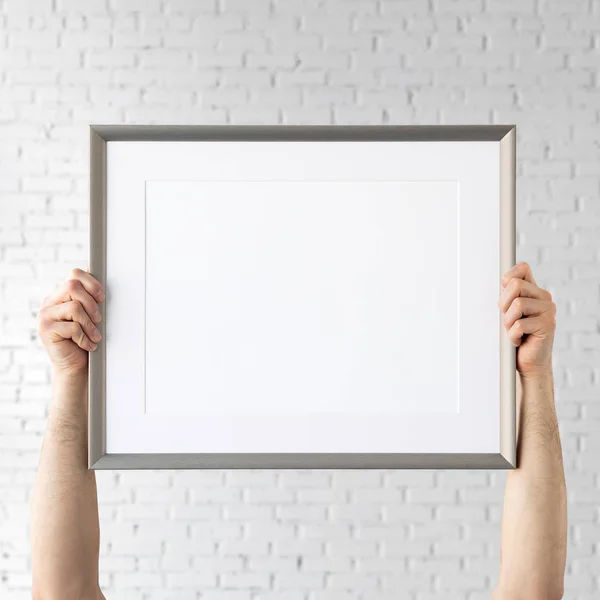 Holding Frame Mockup Foto Mockup Man Handen Houd Frame Voor — Stockfoto