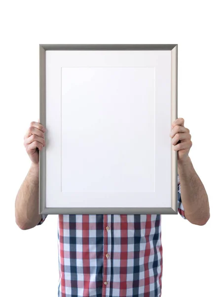 Holding Frame Mockup Foto Mockup Man Greep Frame Voor Het — Stockfoto