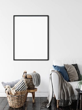 Çerçeve ve poster oturma odasında modellenir. İskandinav iç mimarisi. 3d görüntüleme, 3d illüstrasyon