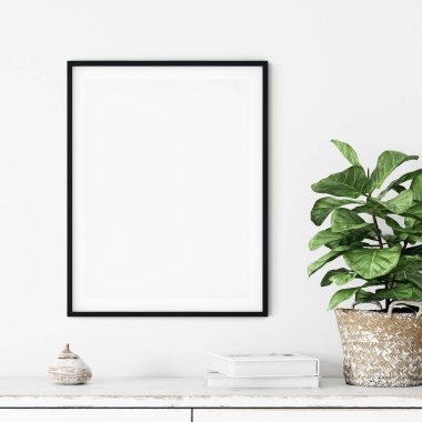 Çerçeve ve poster oturma odasında modellenir. İskandinav iç mimarisi. 3d görüntüleme, 3d illüstrasyon