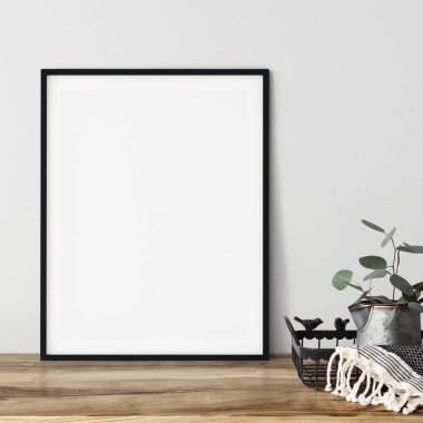 Çerçeve ve poster oturma odasında modellenir. İskandinav iç mimarisi. 3d görüntüleme, 3d illüstrasyon