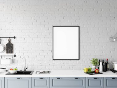 Frame & Poster mutfakta alay. İskandinav iç. 3d render, 3d illüstrasyon