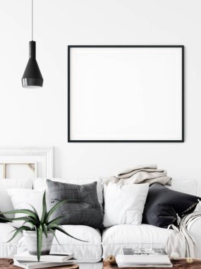 Çerçeve ve poster oturma odasında modellenir. İskandinav iç mimarisi. 3d görüntüleme, 3d illüstrasyon