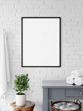 Çerçeve & Poster banyoda alay. İskandinav iç. 3d render, 3d illüstrasyon