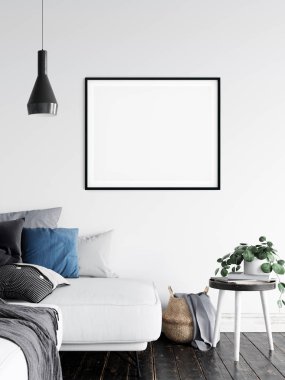 Çerçeve ve poster oturma odasında modellenir. İskandinav iç mimarisi. 3d görüntüleme, 3d illüstrasyon