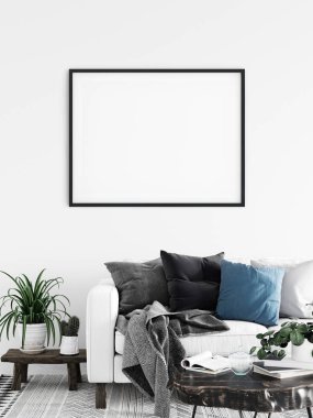 Çerçeve ve poster oturma odasında modellenir. İskandinav iç mimarisi. 3d görüntüleme, 3d illüstrasyon