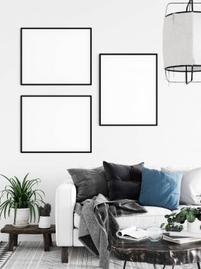Çerçeve ve poster oturma odasında modellenir. İskandinav iç mimarisi. 3d görüntüleme, 3d illüstrasyon