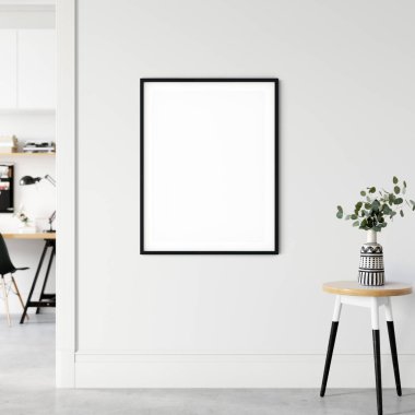 Çerçeve ve poster oturma odasında modellenir. İskandinav iç mimarisi. 3d görüntüleme, 3d illüstrasyon