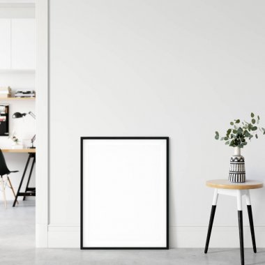 Çerçeve ve poster oturma odasında modellenir. İskandinav iç mimarisi. 3d görüntüleme, 3d illüstrasyon