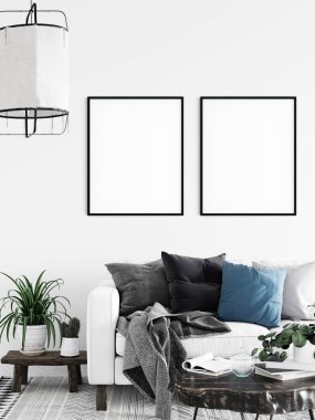 Çerçeve ve poster oturma odasında modellenir. İskandinav iç mimarisi. 3d görüntüleme, 3d illüstrasyon