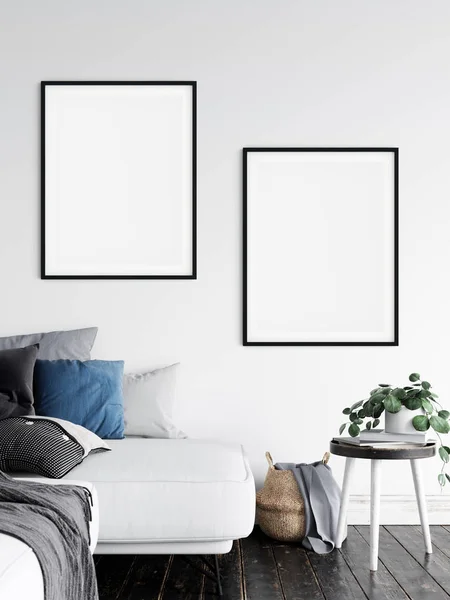 Frame Poster Mock Living Room Scandinavian Interior Rendering Illustration — Stock Photo, Image