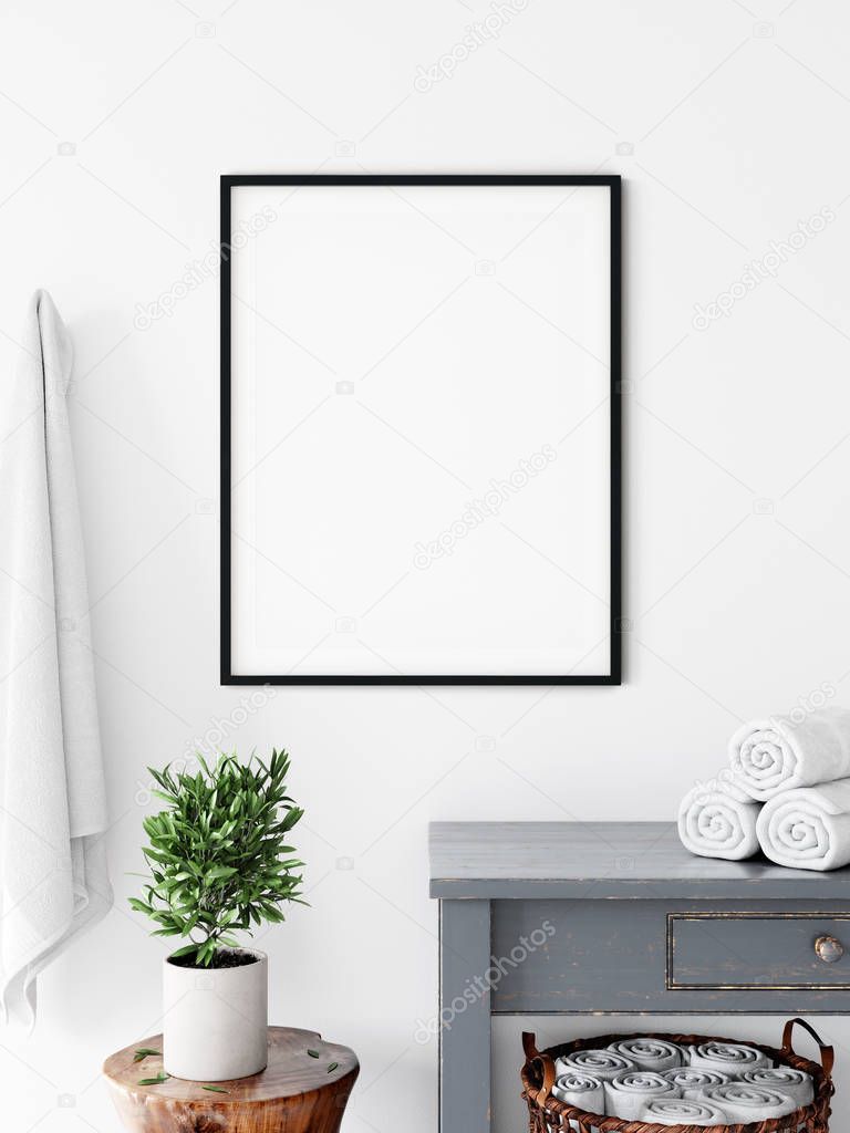 Frame & Poster mock up in bathroom. Scandinavian interior. 3d rendering, 3d illustration