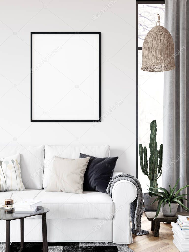 Frame & Poster mock up in living room. Scandinavian interior. 3d rendering, 3d illustration
