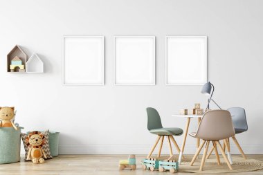 Çocuk Duvarı maketi. Çocuklar için. İskandinav iç mimarisi. 3d görüntüleme, 3d illüstrasyon