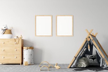 Çocuk Duvarı maketi. Çocuklar için. İskandinav iç mimarisi. 3d görüntüleme, 3d illüstrasyon