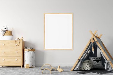 Çocuk Duvarı maketi. Çocuklar için. İskandinav iç mimarisi. 3d görüntüleme, 3d illüstrasyon