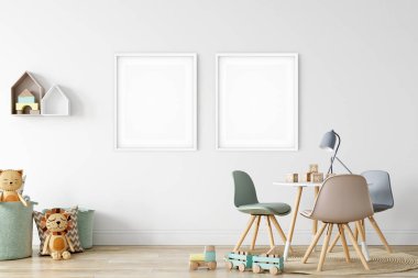 Çocuk Duvarı maketi. Çocuklar için. İskandinav iç mimarisi. 3d görüntüleme, 3d illüstrasyon