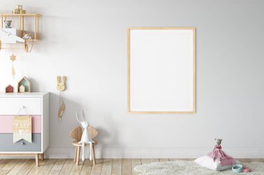 Çocuk Duvarı maketi. Çocuklar için. İskandinav iç mimarisi. 3d görüntüleme, 3d illüstrasyon