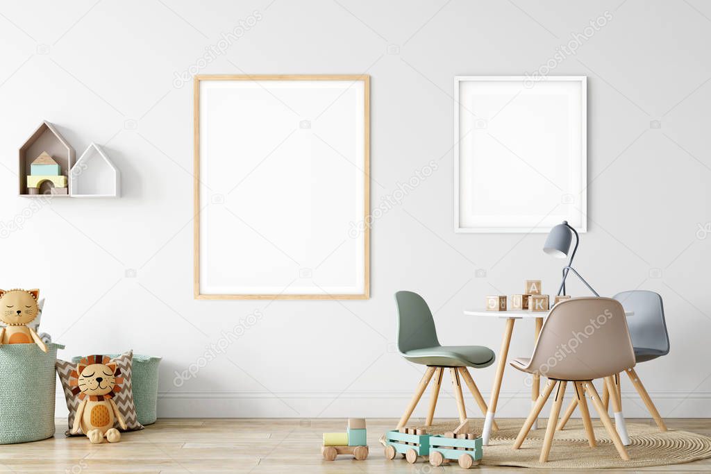 Kids Wall mock up. Kids interior. Scandinavian interior. 3d rendering, 3d illustration