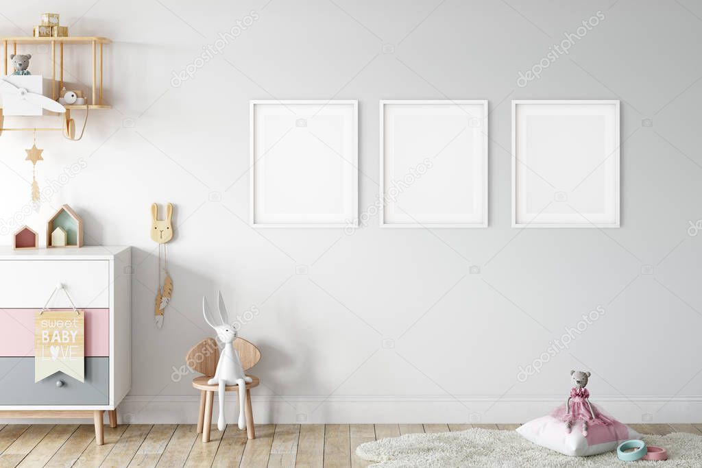 Kids Wall mock up. Kids interior. Scandinavian interior. 3d rendering, 3d illustration
