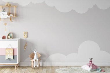 Çocuk Duvarı maketi. Çocuklar için. İskandinav iç mimarisi. 3d görüntüleme, 3d illüstrasyon