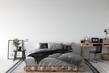 Oturma odasında duvar taklidi yap. İskandinav iç mimarisi. 3d görüntüleme, 3d illüstrasyon