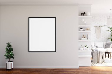 Çerçeve ve poster oturma odasında modellenir. İskandinav iç mimarisi. 3d görüntüleme, 3d illüstrasyon