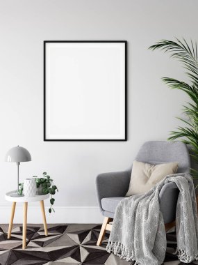 Çerçeve ve poster oturma odasında modellenir. İskandinav iç mimarisi. 3d görüntüleme, 3d illüstrasyon