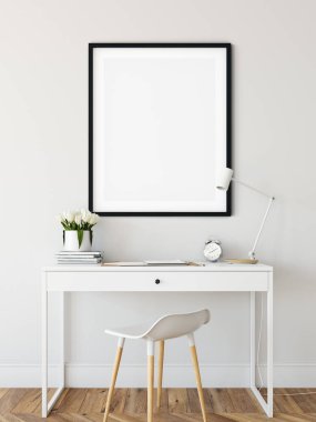 Çerçeve ve poster oturma odasında modellenir. İskandinav iç mimarisi. 3d görüntüleme, 3d illüstrasyon