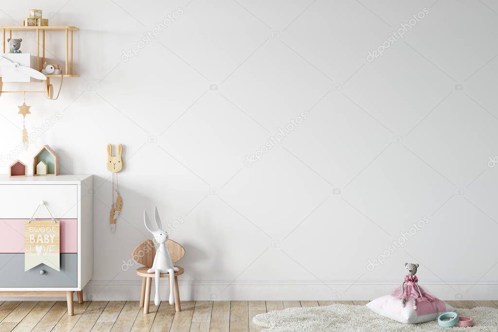 Kids Wall mock up. Kids interior. Scandinavian interior. 3d rendering, 3d illustration