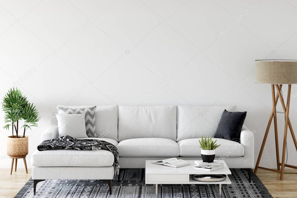 Wall mock up in living room. Scandinavian interior. 3d rendering, 3d illustration