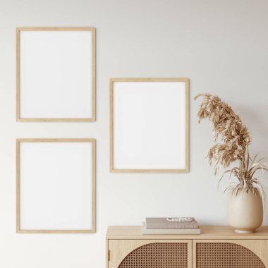 Boho tarzında çerçeve ve poster modeli. 3d görüntüleme, 3d illüstrasyon