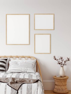 Boho tarzında çerçeve ve poster modeli. 3d görüntüleme, 3d illüstrasyon