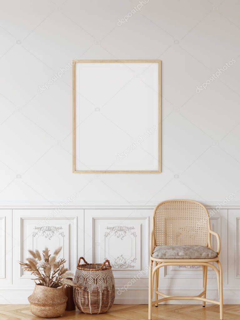 Frame & poster mockup in Boho style interior. 3d rendering, 3d illustration