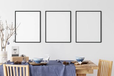 İskandinav tarzı bir Noel mutfağı. Noel ağacı, oyuncaklar, hediye kutuları. Duvar Modeli. Poster Mockup. Canva Mockup. 3d görüntüleme, 3d illüstrasyon